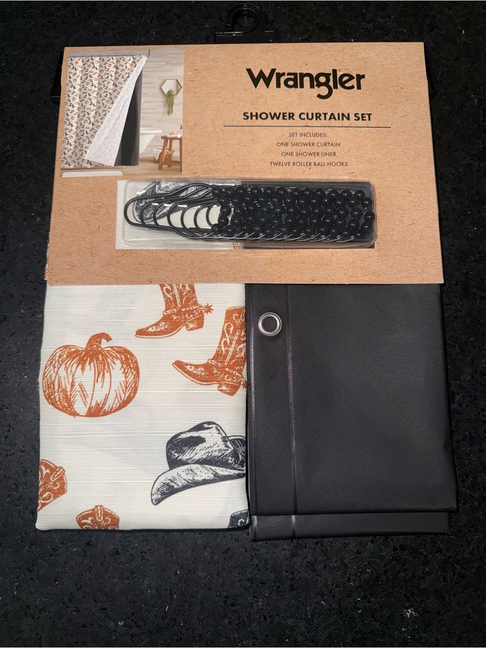 NEW Wrangler AUTUMN Pumpkin & Cowboy HAT & BOOTS Print Shower Curtain Set BLACK